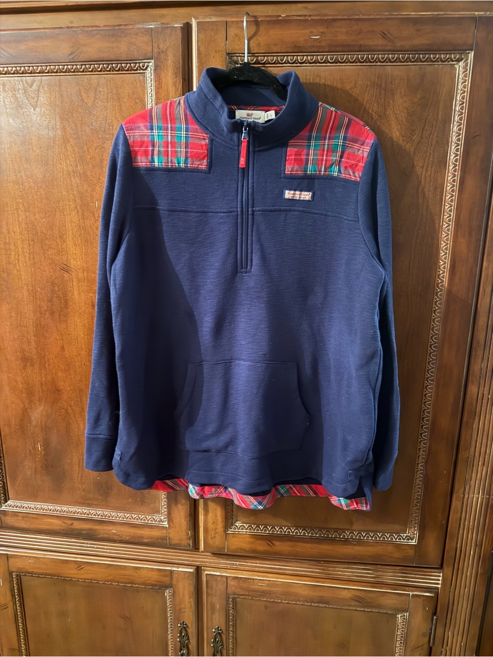 Vineyard Vines Navy Half-Zip Sweater with Red Plaid Accents